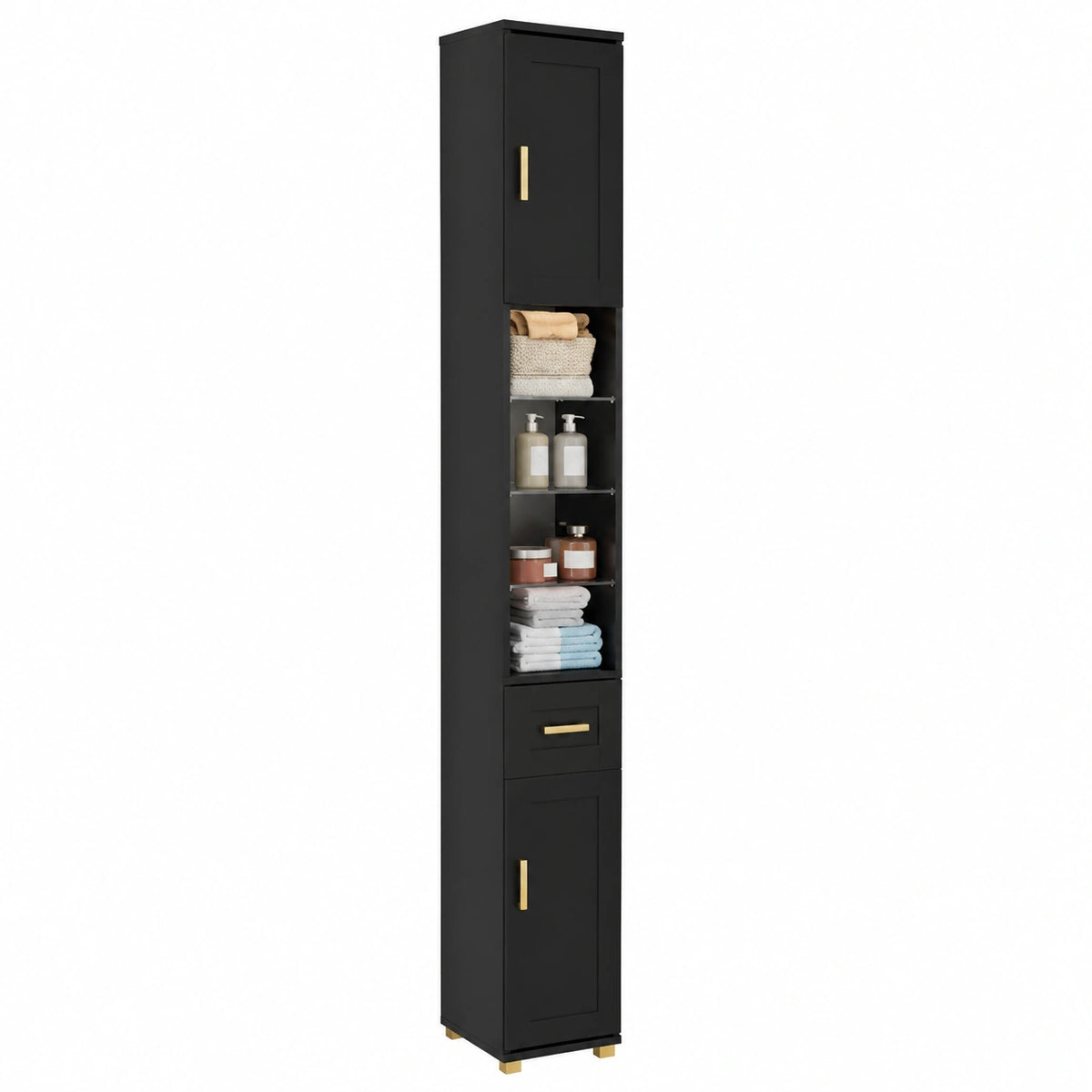 Mobiletto Bagno Alto con Luci, Ripiani in Vetro, 2 Ante, 1 Cassetto, Nero