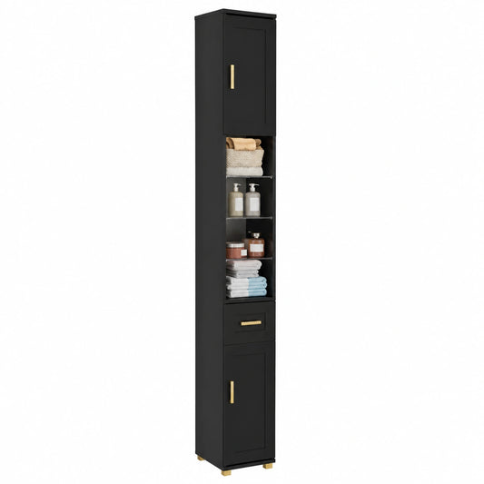 Mobiletto Bagno Alto con Luci, Ripiani in Vetro, 2 Ante, 1 Cassetto, Nero
