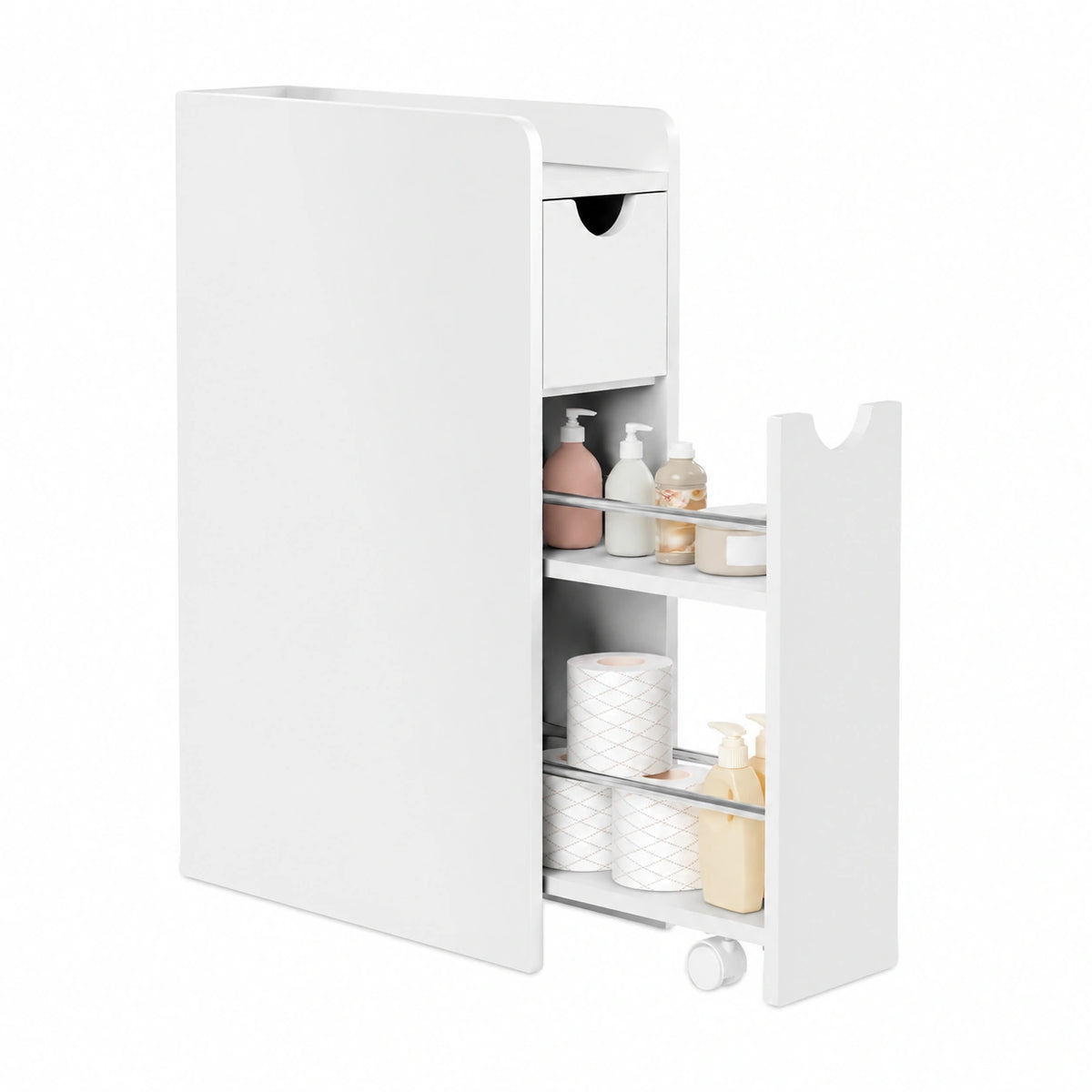 Armadio da Bagno Compatto Bianco con Cassetti e Ripiano Aperto