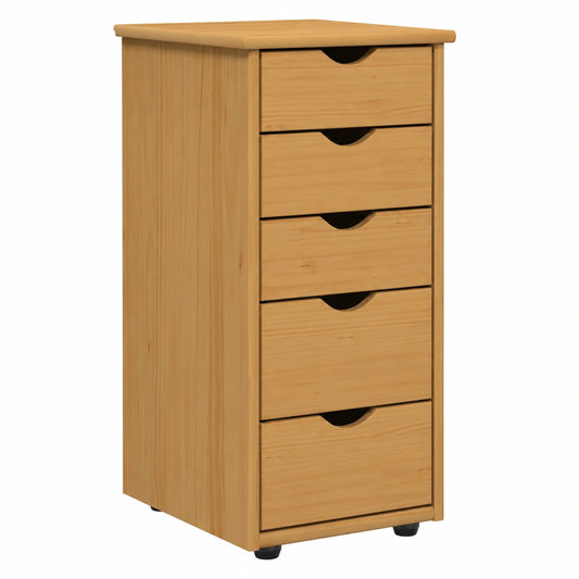 Credenza in Pino Massello con 5 Cassetti e Ruote, 34x39x61,5 cm, Colore Miele