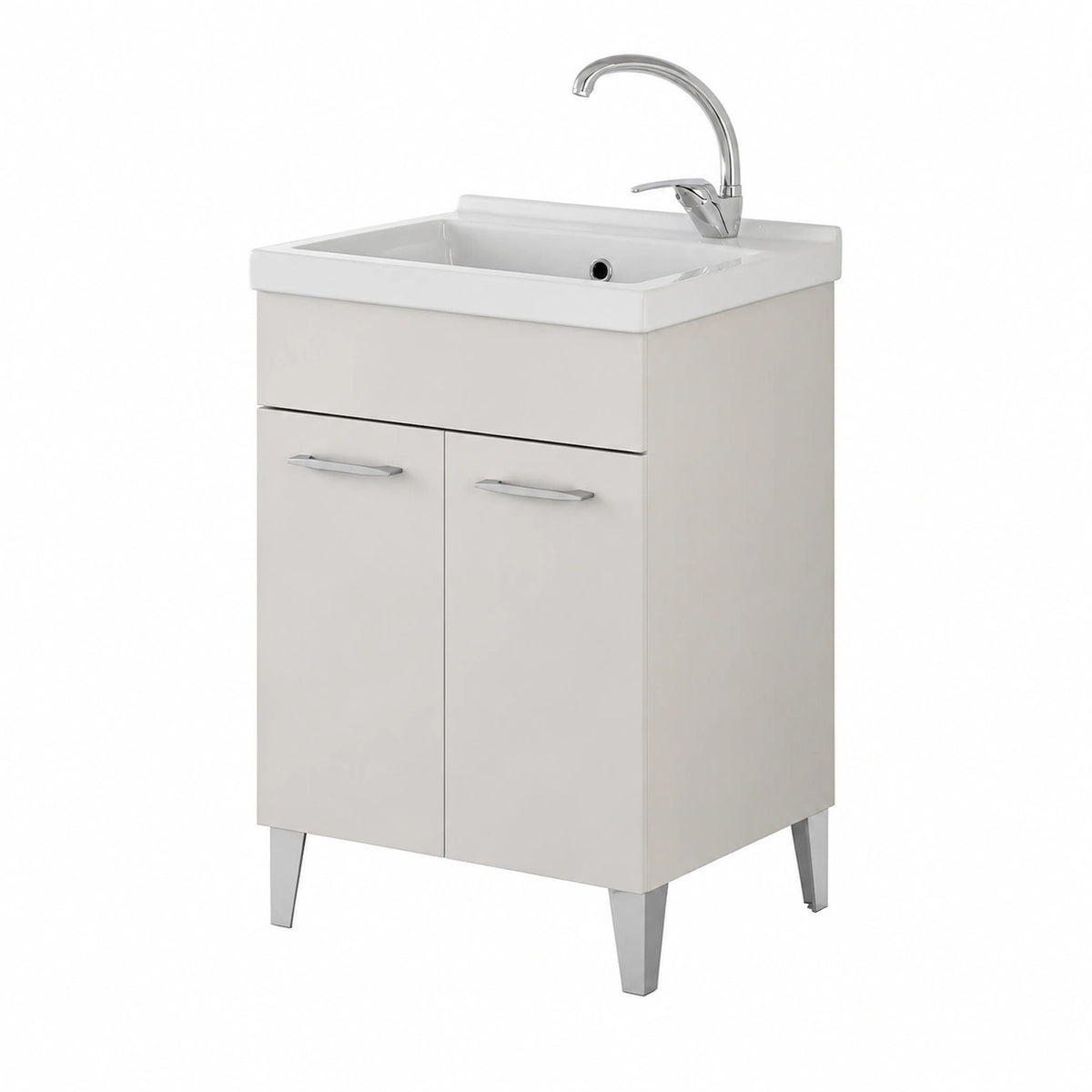 Mobile lavanderia 60x50 cm con lavatoio in ceramica, grigio calce e 2 ante, sifone e piletta inclusi - MOON
