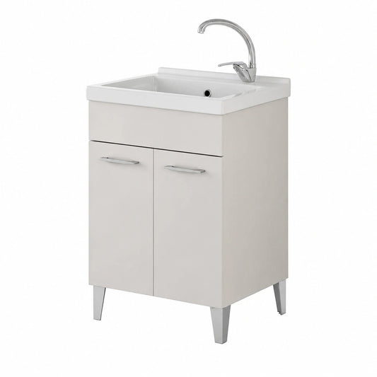 Mobile lavanderia 60x50 cm con lavatoio in ceramica, grigio calce e 2 ante, sifone e piletta inclusi - MOON