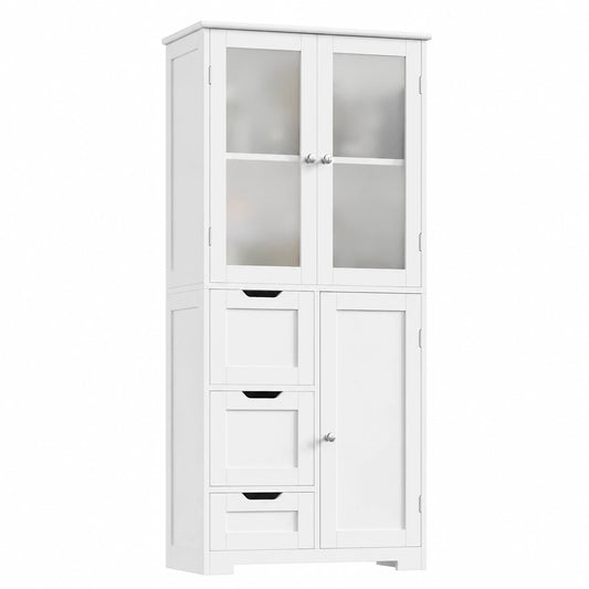 Mobiletto da Bagno in Legno Bianco con 3 Cassetti e 3 Ante, 60x30x143.2 cm
