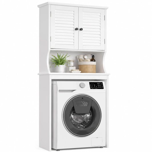 Mobile Lavatrice Xbro con Ripiani e Ante, Salvaspazio per Bagno, 65x22x163.5 cm, Colore Bianco