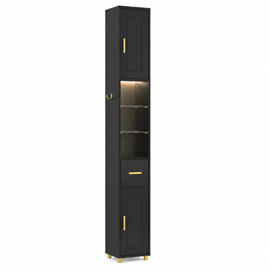 Mobiletto da Bagno Compatto con Illuminazione, Colonna Salvaspazio in Vetro e Mensole Regolabili, Dotato di Cassetto e Gancio Laterale, 20 x 20 x 181 cm, Nero