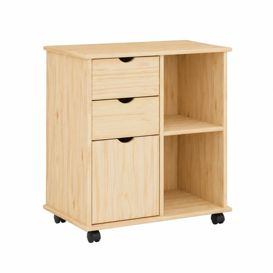 Mobiletto in Legno di Pino con Ruote, Marrone, 63,5x39x65,5 cm, Versatile per Ufficio e Casa