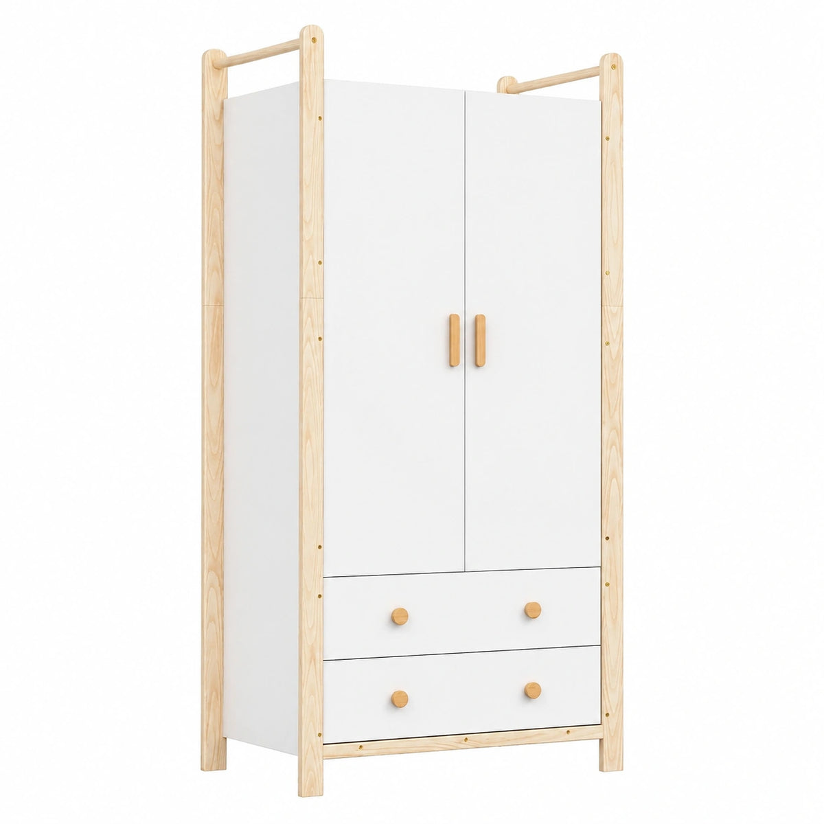 Armadio a 2 Ante con Asta e Cassetti, 90x45x180,5 cm, Bianco e Legno, per Camera da Letto e Soggiorno