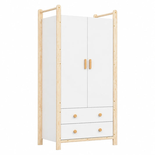 Armadio a 2 Ante con Asta e Cassetti, 90x45x180,5 cm, Bianco e Legno, per Camera da Letto e Soggiorno